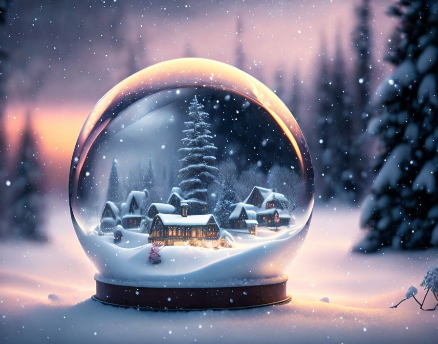 Miniature Winter Village Snow Globe with Illuminated Houses and Falling Snow