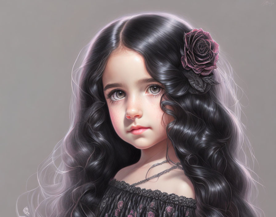 Young girl with dark curly hair and rose accessory in realistic art style