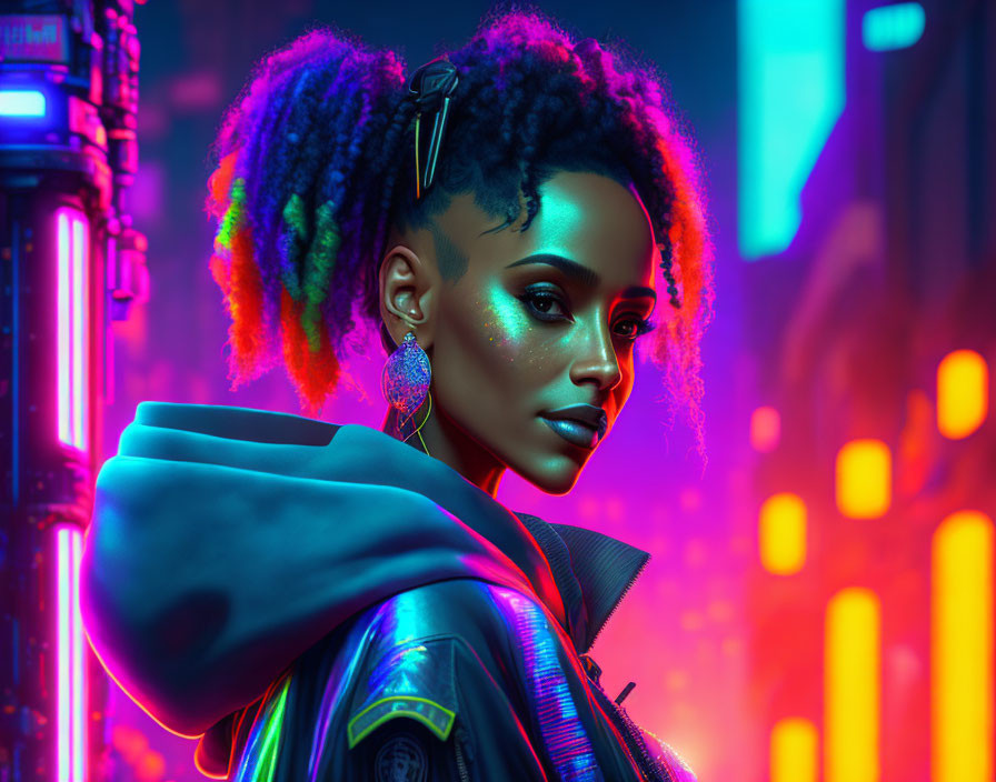 Futuristic woman with glowing makeup in cyberpunk attire against neon-lit cityscape