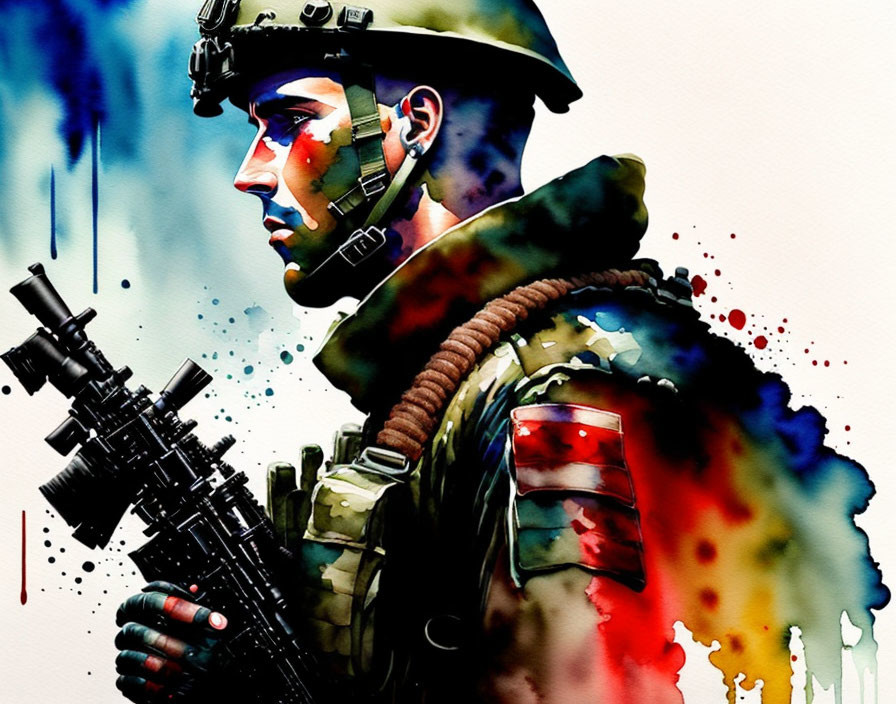 Vivid watercolor soldier profile with rifle and radio gear