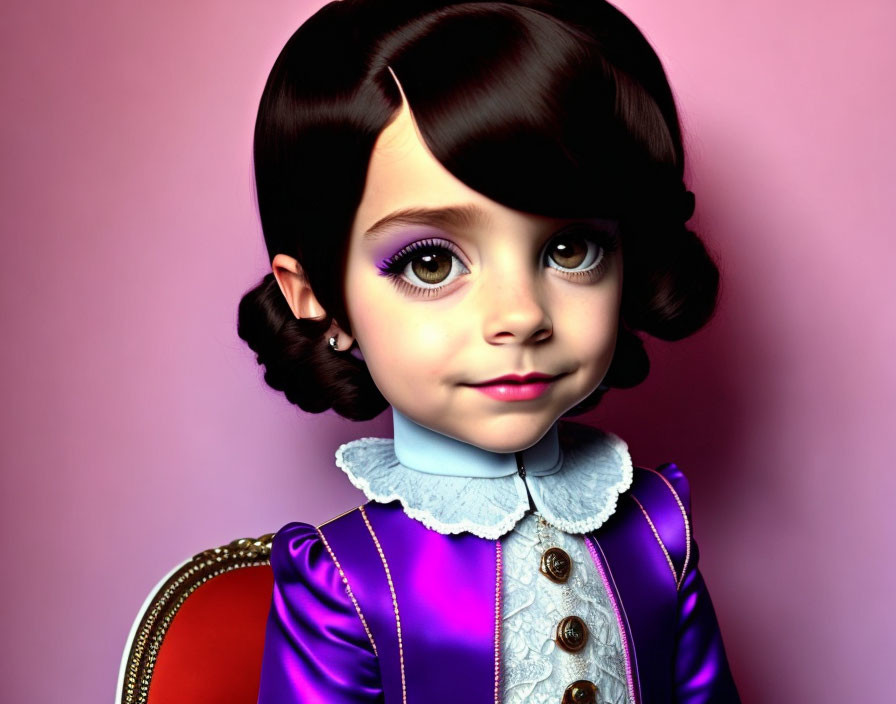 3D render of girl with large eyes and dark hair in buns, wearing purple jacket on pink