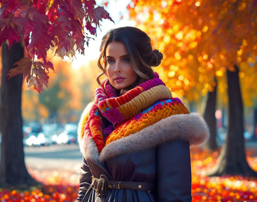 Woman in Colorful Scarf and Coat Surrounded by Autumn Trees