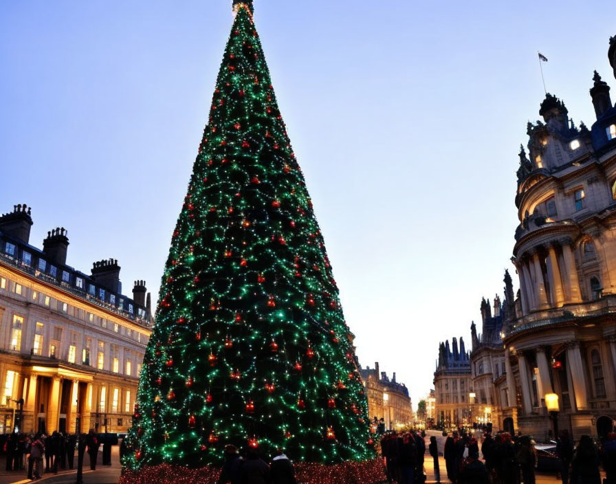 Illuminated Christmas tree in cityscape with red and green lights