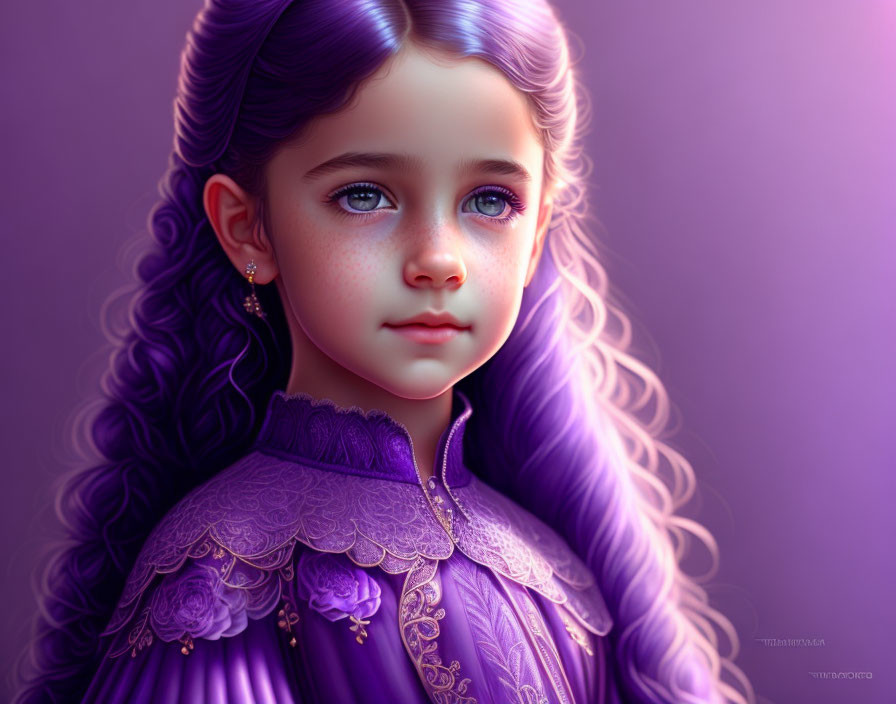 Detailed digital artwork: Young girl in violet attire with blue eyes on purple backdrop