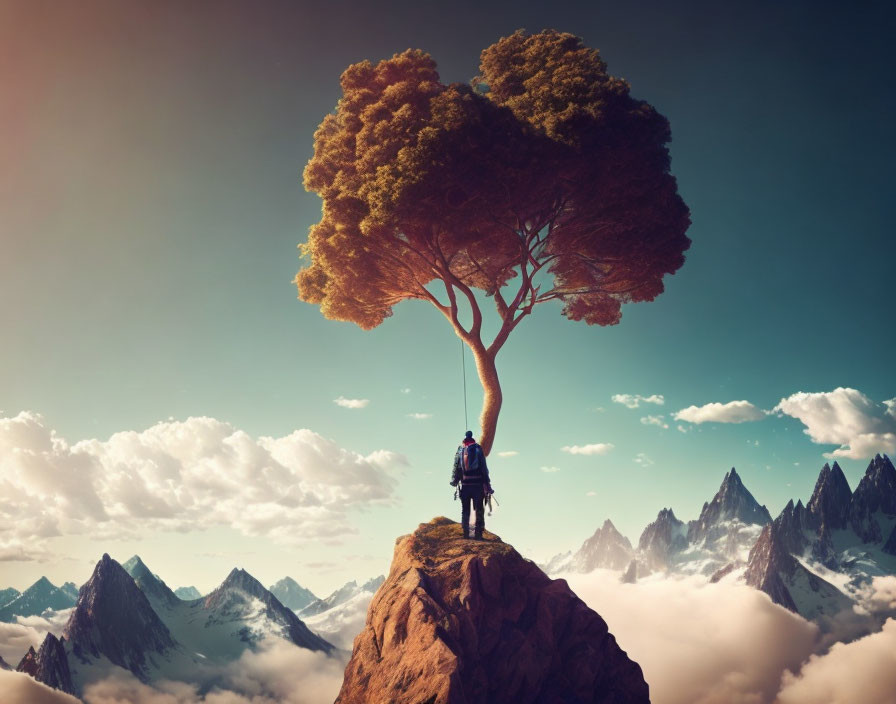 Solitary Figure Under Large Tree on Steep Mountain