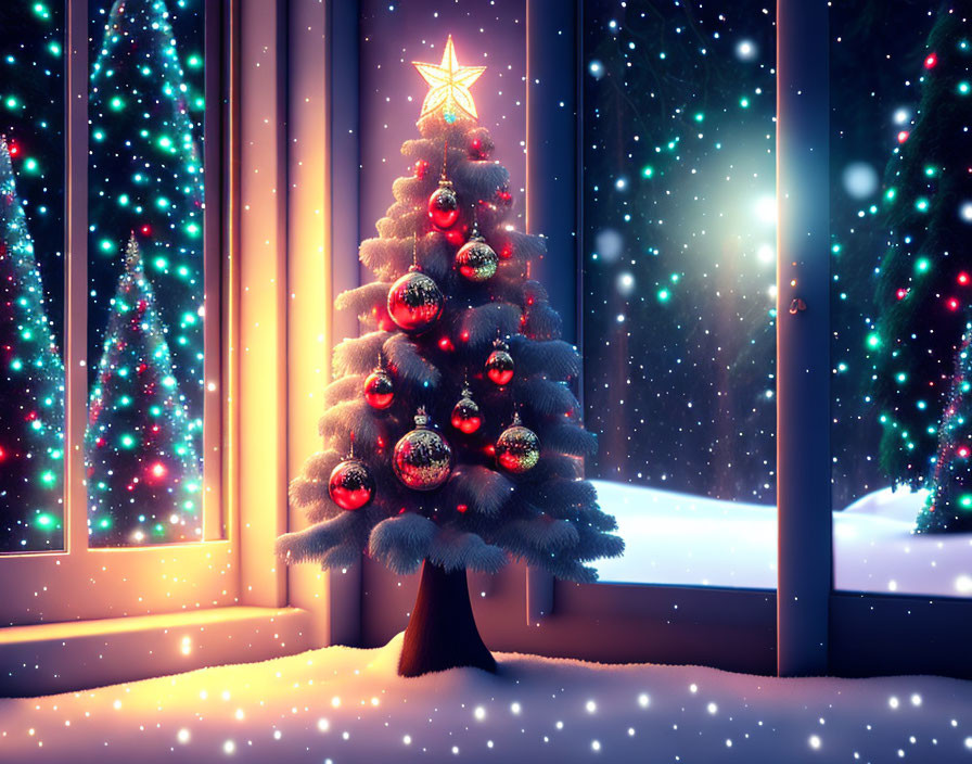 Christmas tree with star by snowy window and twinkling lights