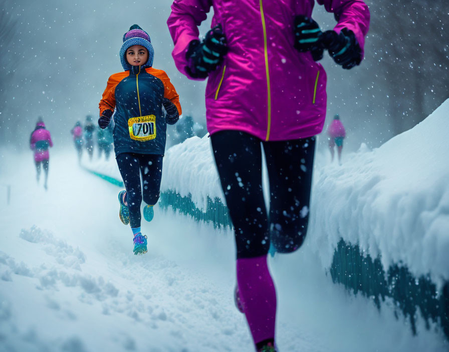 Snowy Race: Child in Blue Jacket Leads Runners