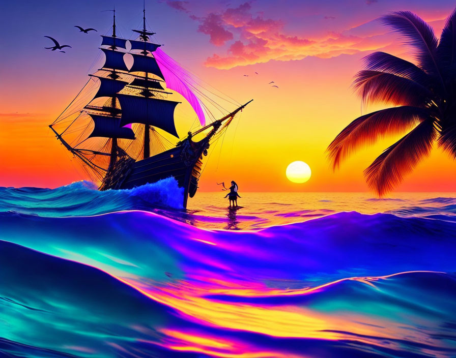 Colorful Sunset Seascape with Sailing Ship, Surfer, and Palm Trees