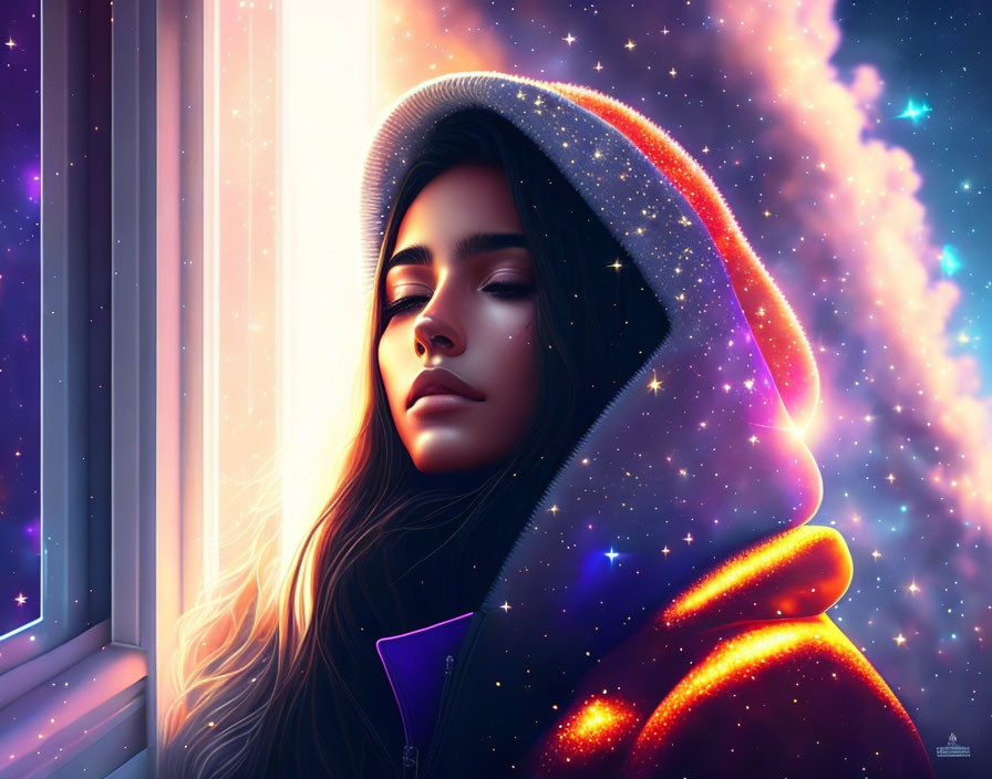 Digital illustration of woman in hood looking at cosmic sky