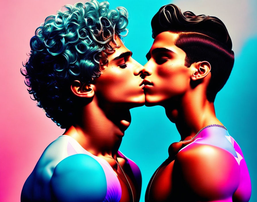 Stylized individuals with striking hairstyles in colorful clothing on gradient background