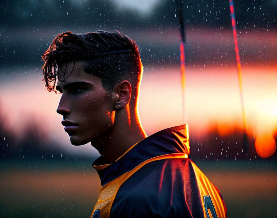 Young person in sports jersey contemplates under sunset with raindrops