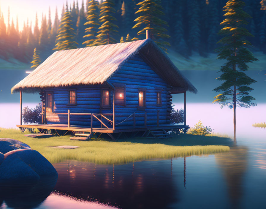 Tranquil 3D Render: Wooden Cabin by Lake at Dusk