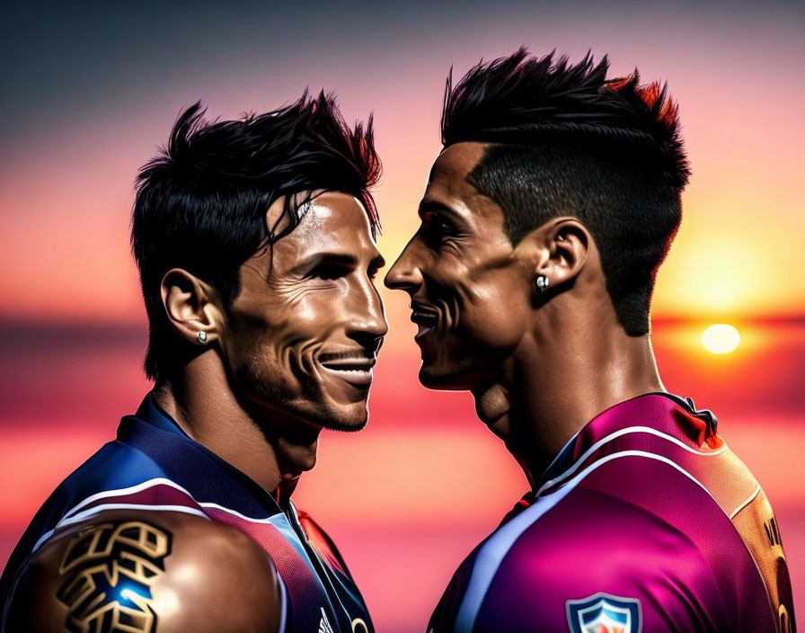 Animated soccer players smiling in colorful jerseys against sunset backdrop