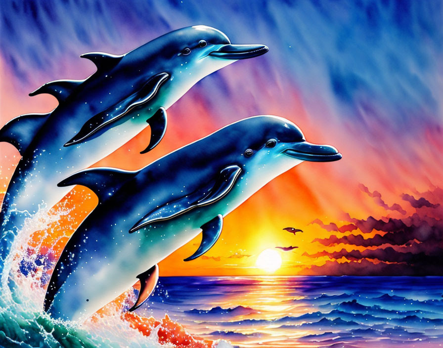 Vibrant sunset scene: three leaping dolphins in blue, orange, and purple hues.