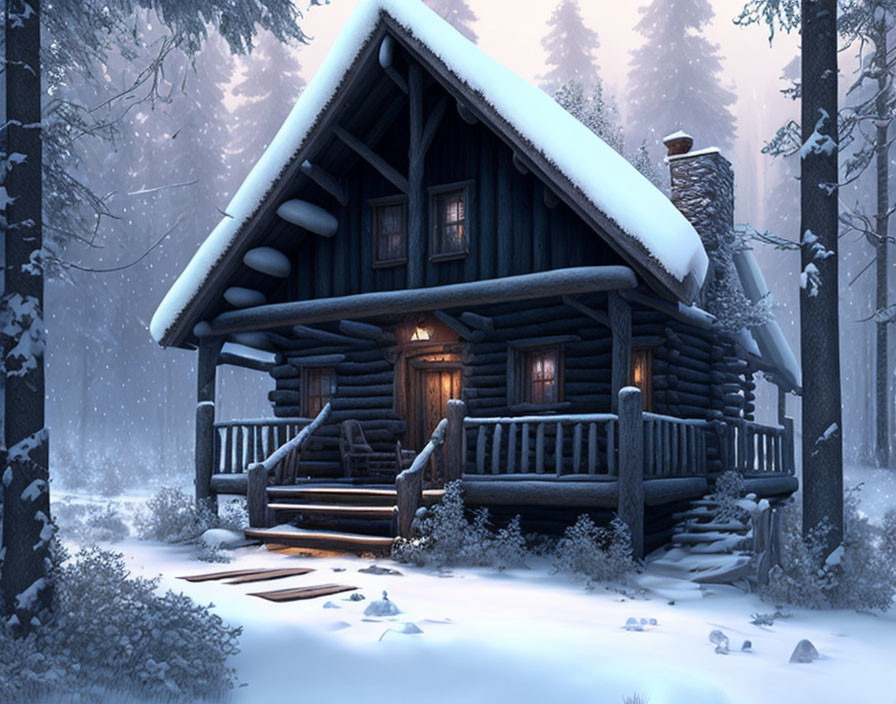 Snowy forest log cabin with glowing windows in soft blue light