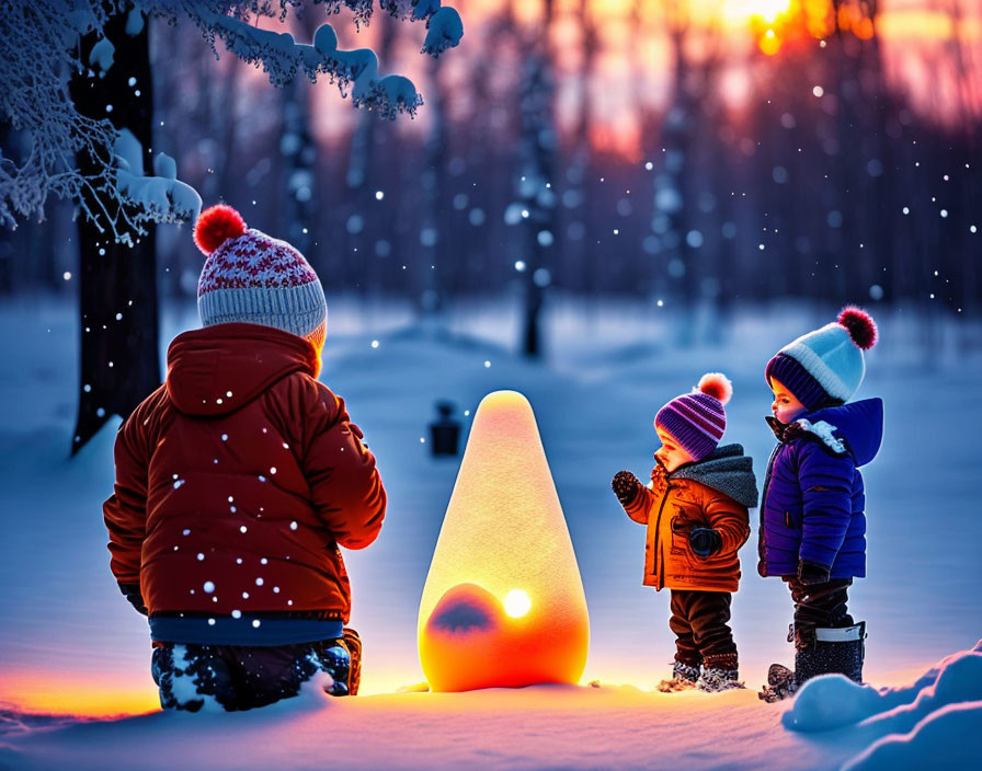 Children in winter clothes gaze at glowing egg in snowy forest