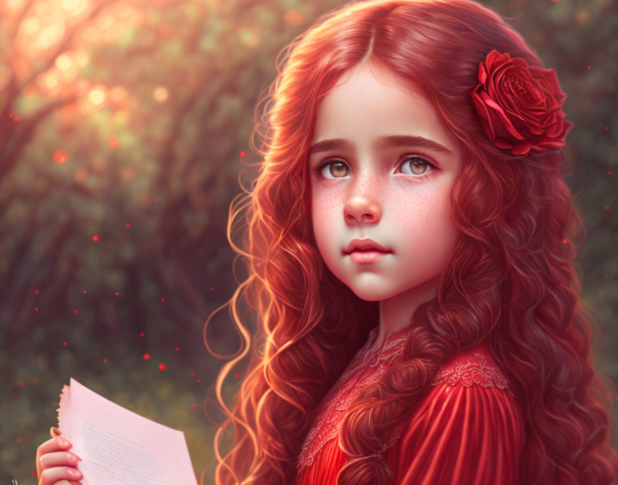 Curly Red-Haired Girl with Rose in Magical Forest Setting