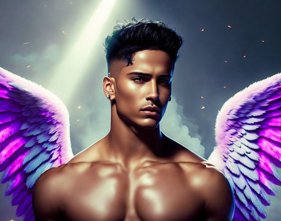 Purple angel wings person with muscles and stylish haircut on dark background