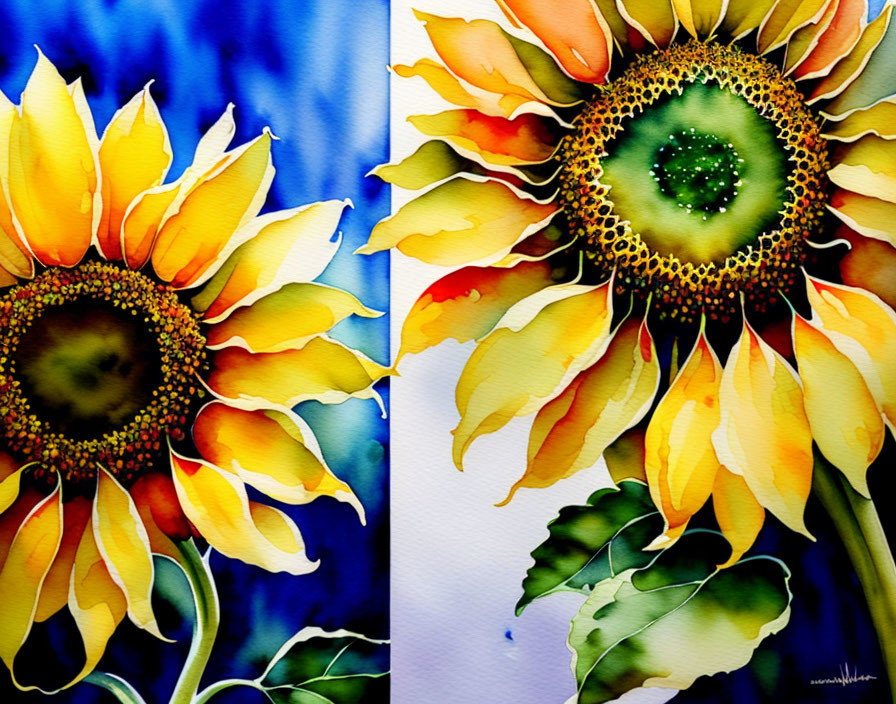 Sunflowers Watercolor Painting: Vibrant Yellow and Orange Petals on Blue Background