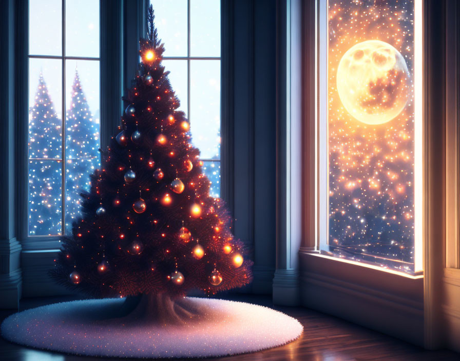 Christmas tree with warm lights by window with full moon and falling snow