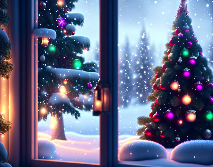 Winter Christmas tree scene with colorful lights and falling snowflakes