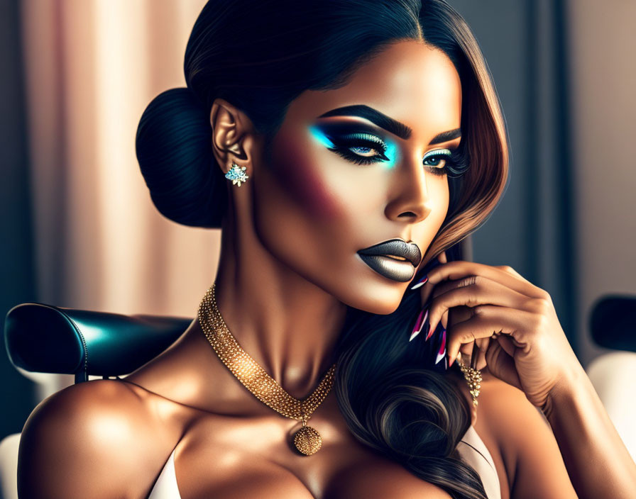 Portrait of woman with dramatic makeup, styled hair, elegant jewelry on soft indoor backdrop