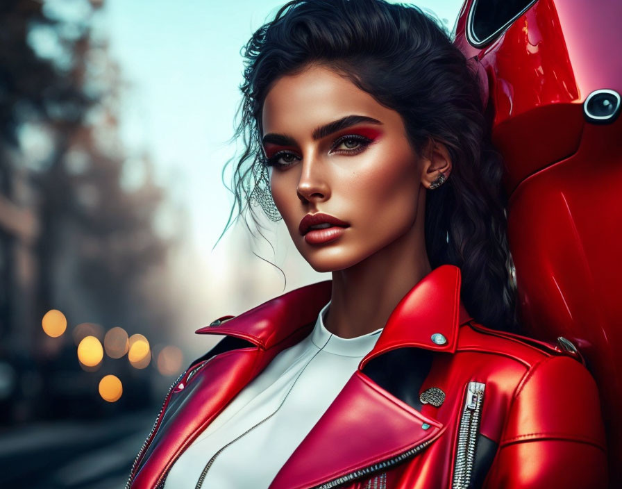 Woman with bold makeup and red leather jacket posing by motorcycle on urban street at twilight