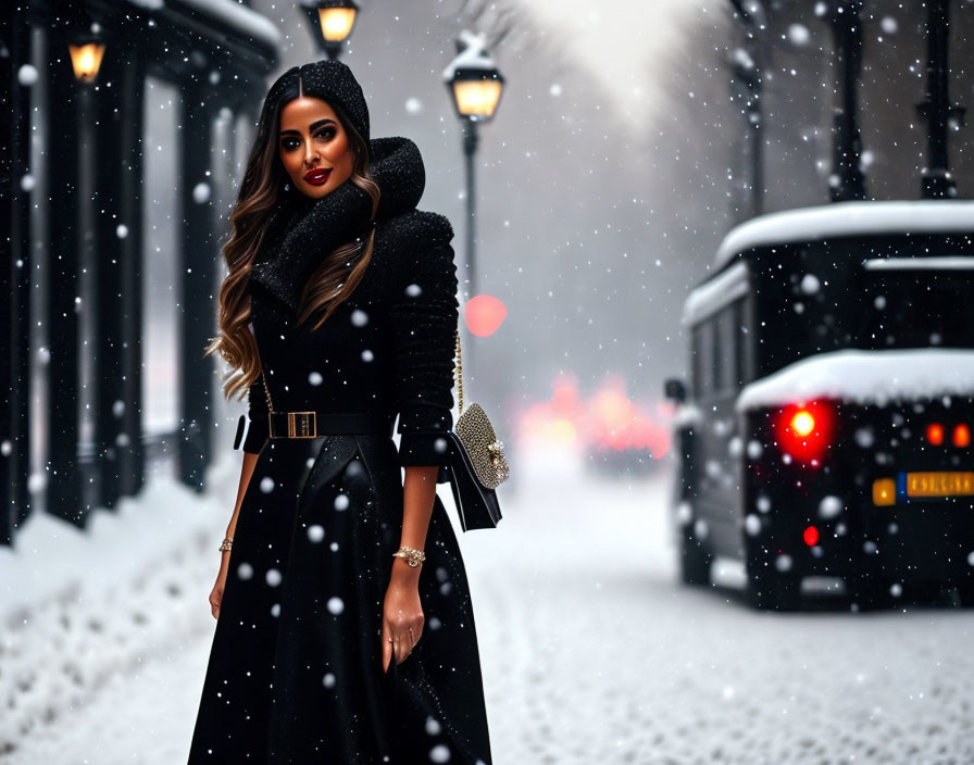 Fashionable woman in black coat and fur scarf on snowy city street with bus and lights