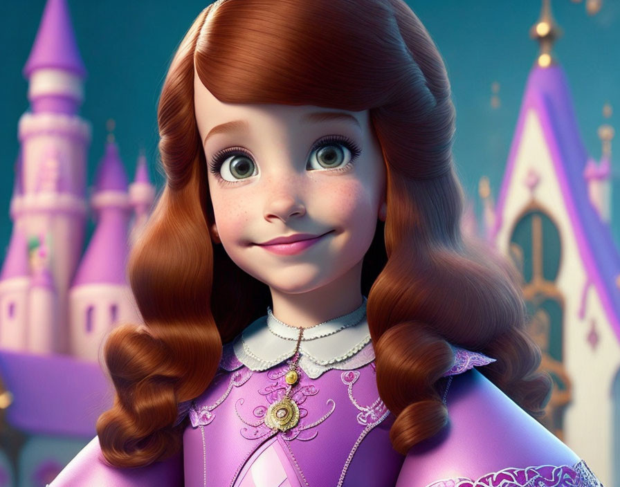 Red-haired animated girl in purple dress with castle backdrop