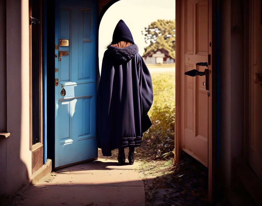 Figure in cloak and hat leaving house through blue door into sunlight