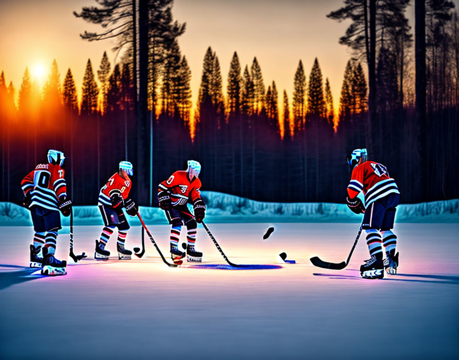 Outdoor Hockey Players on Sunset Rink with Tree Silhouettes