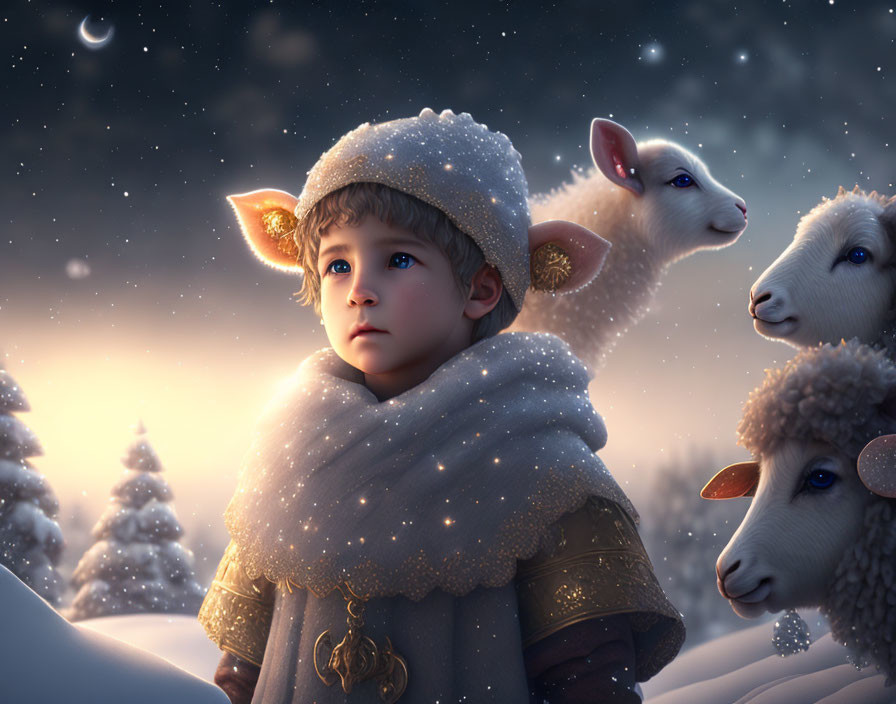 Child in winter clothing with sheep in snowy landscape at twilight