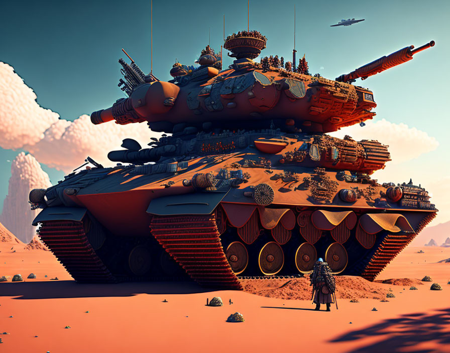 Armored tank with multiple turrets in desert landscape.