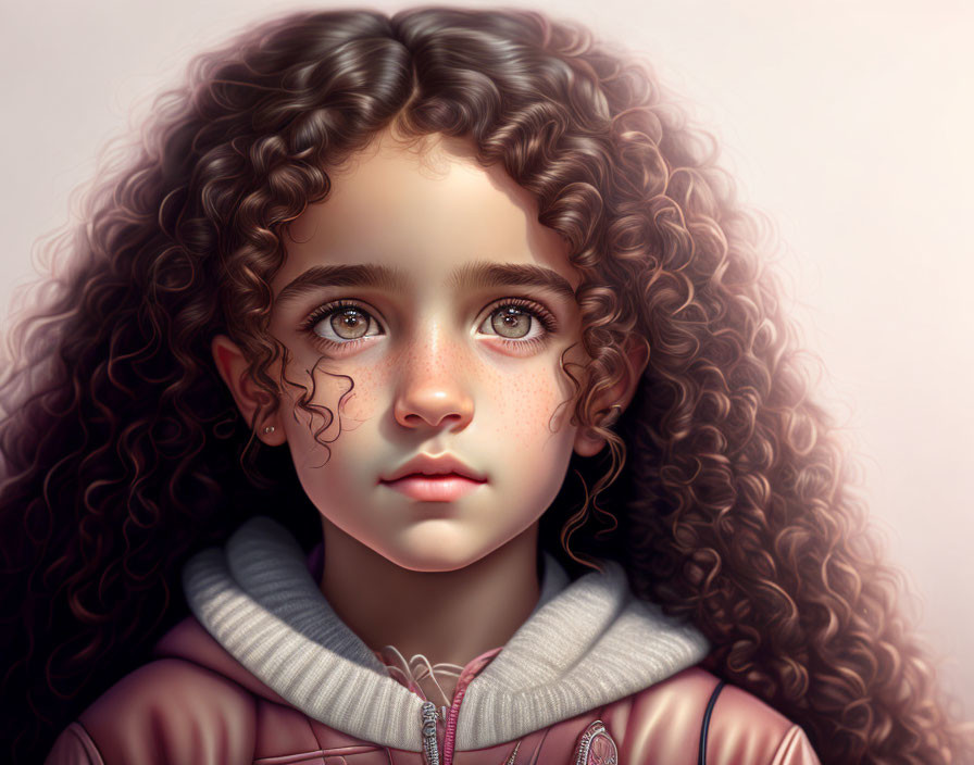 Young girl with curly hair and green eyes in pink hoodie.