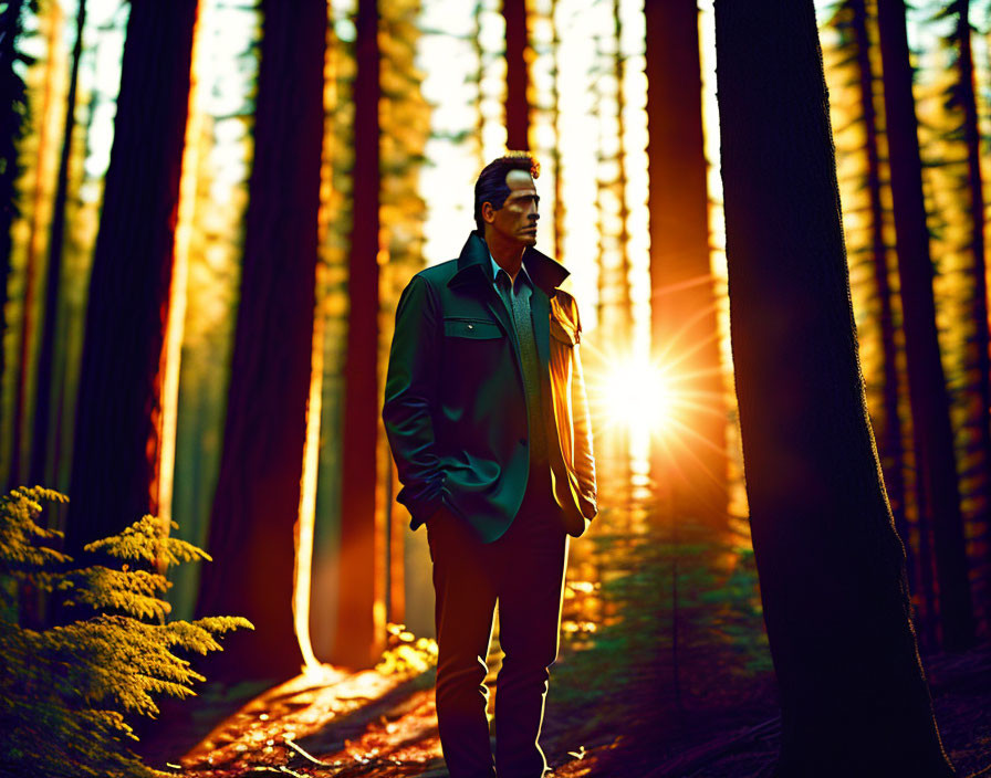 Man in Jacket Contemplating in Sunlit Forest