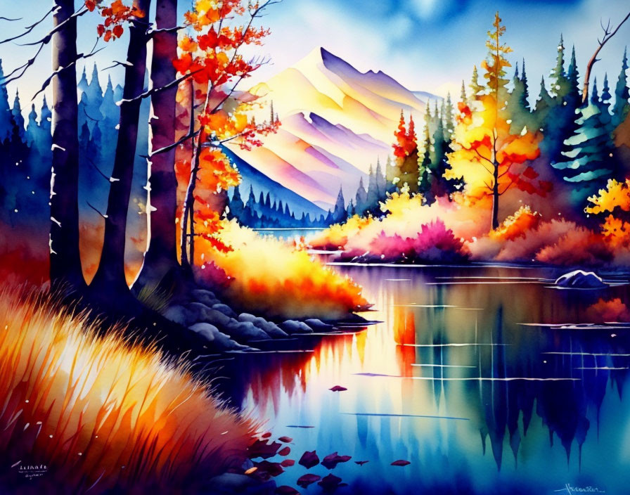 Colorful autumn forest & lake watercolor scene with mountain backdrop