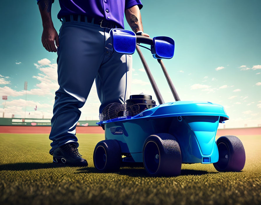 Baseball player marking field with chalk liner machine on clear day