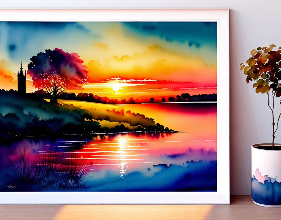 Colorful watercolor painting of sunset, trees, tower, and reflections on water, showcased on a