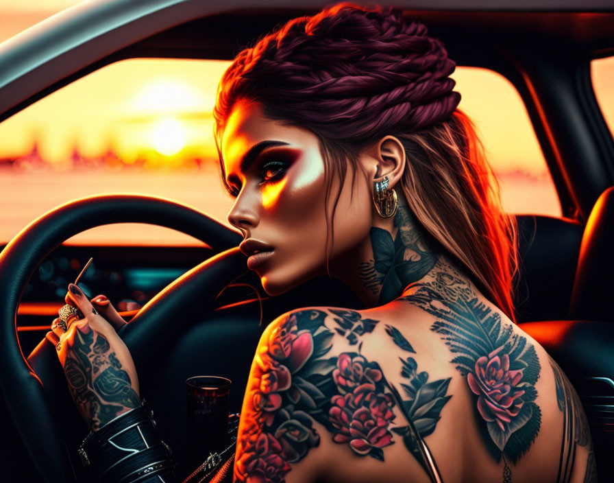 Woman with elaborate tattoos and braided hairstyle in car at sunset