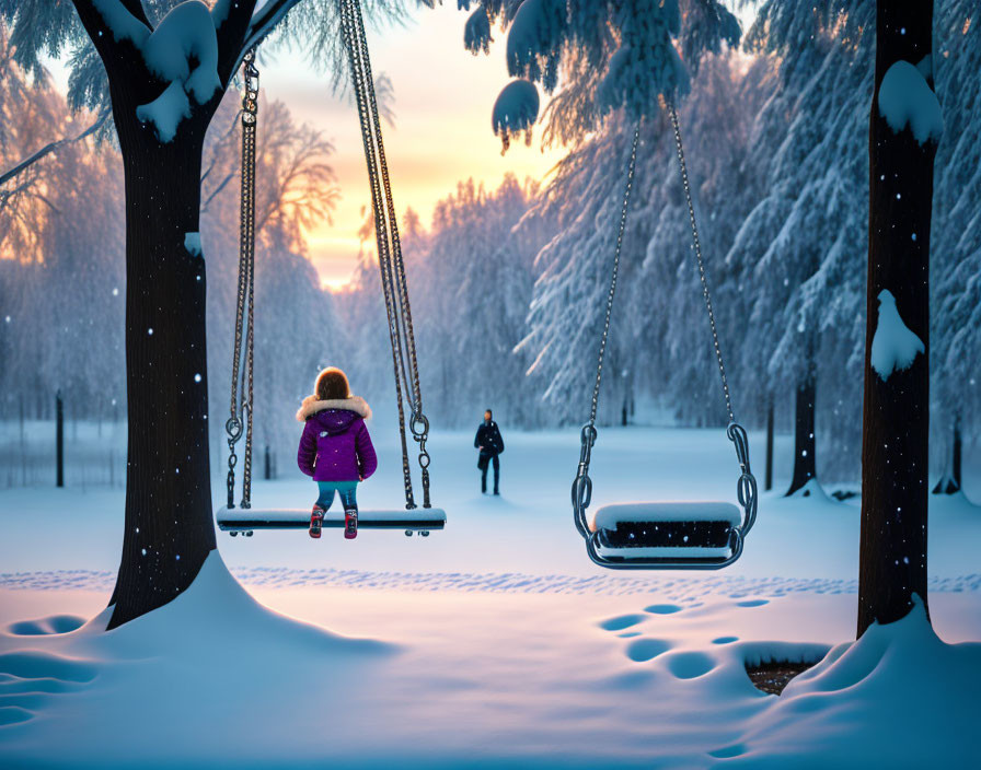 Child in Purple Coat Swinging in Snowy Park at Dusk