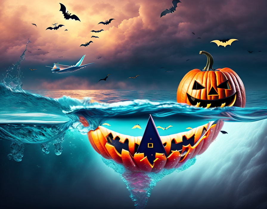 Surreal Halloween ocean scene with floating jack-o'-lanterns, shark fin in witch hat