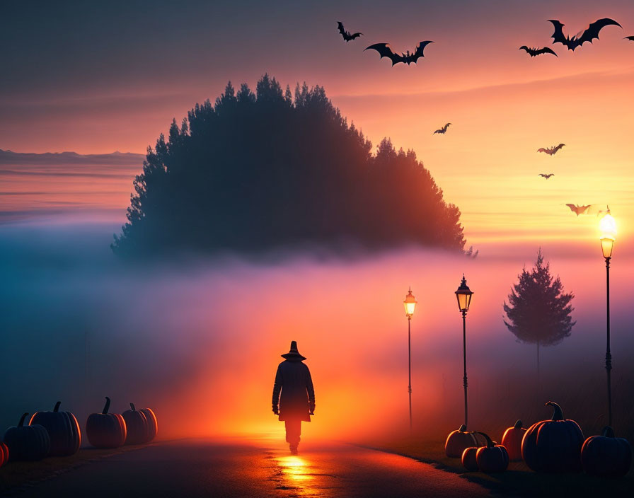 Person Walking on Foggy Road at Dusk with Lit Lamps, Pumpkins, and Silhou