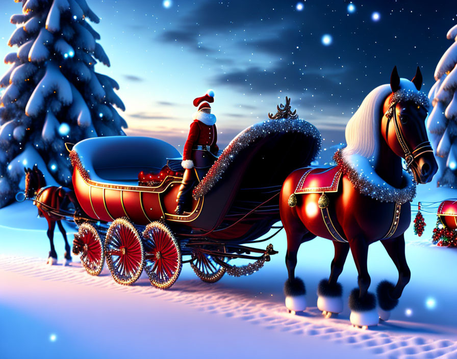 Santa Claus in Festive Sleigh Pulled by Horse in Snowy Night Forest