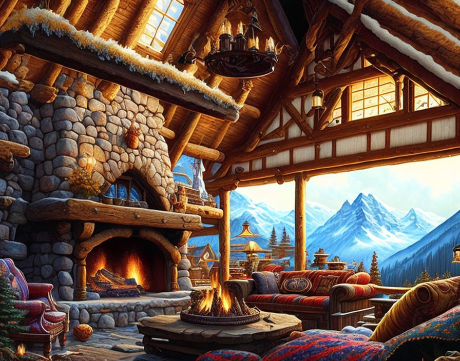 Mountain cabin interior with roaring fireplace, plush sofas, and snowy peak view.