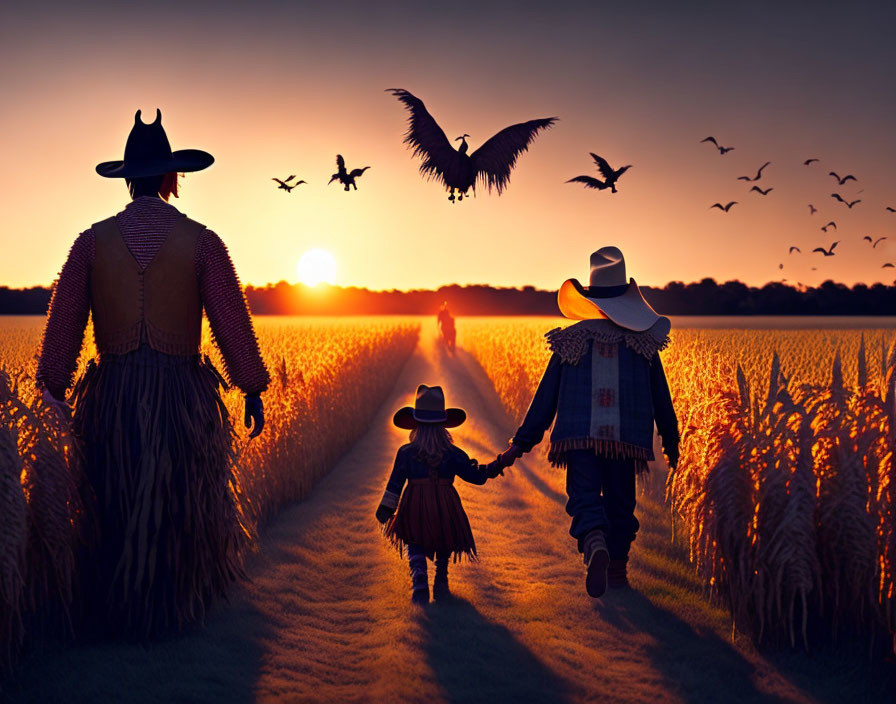 Family in cowboy hats walking on rural path at sunset