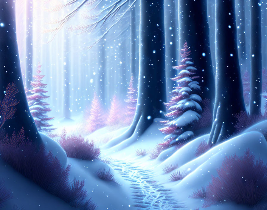 Enchanted winter forest with tall trees and snow-covered path