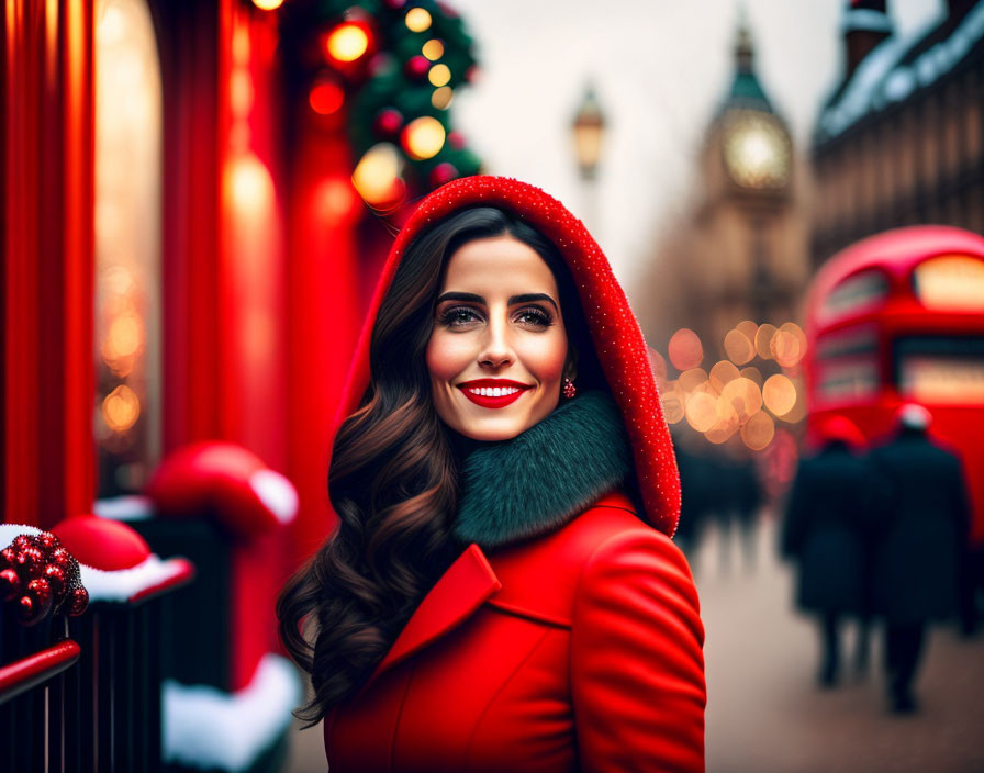 Smiling woman in red coat on festive Christmas street