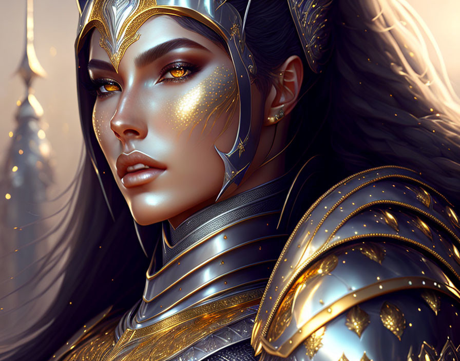 Armored female warrior with golden designs and glowing markings