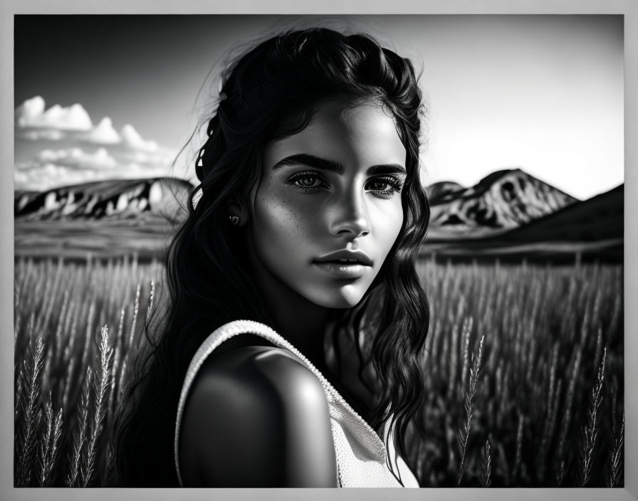 Monochrome portrait of woman in field with intense eyes and wavy hair