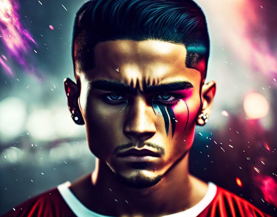 Male figure with facial tattoos and red tear on bokeh light background